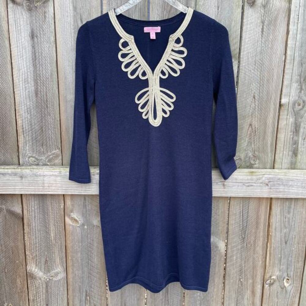 Lilly Pulitzer Women Devlin Merino Wool Shift Sweater Dress 3/4 Sleeve Blue XS
